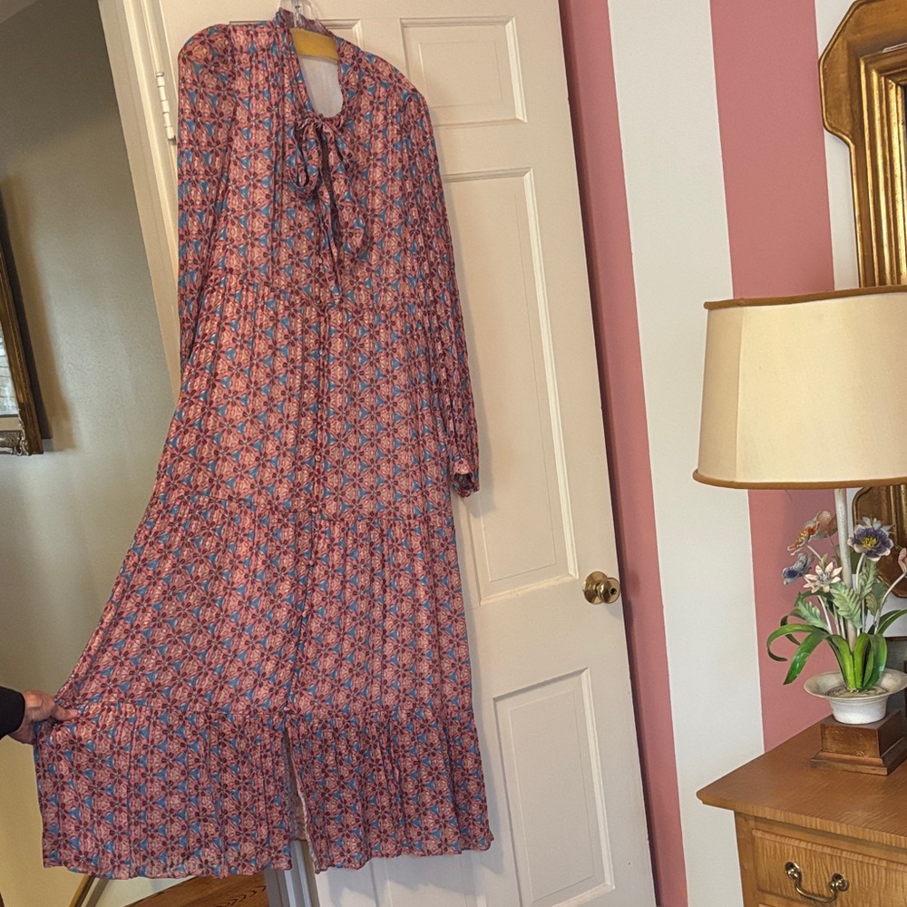 Marie Oliver Pink and Blue Floral Tie-Neck Long Sleeve Maxi Dress